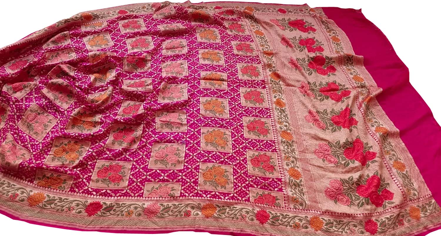 Stunning Pink Banarasi Bandhani Pure Georgette Meenakari Saree - Luxurion World