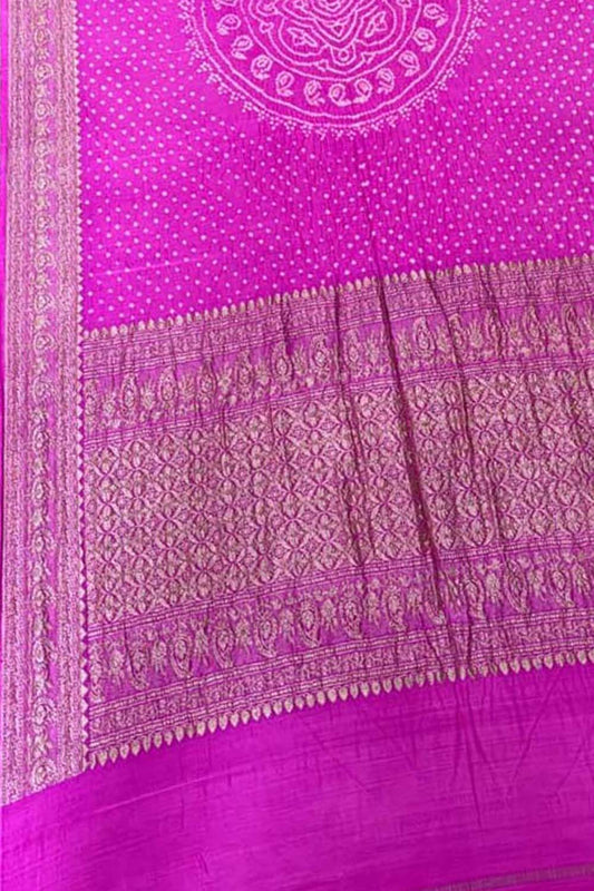 Exquisite Pink Pure Banarasi Moonga Silk With Hand Rai Bandhej Work Saree - Luxurion World