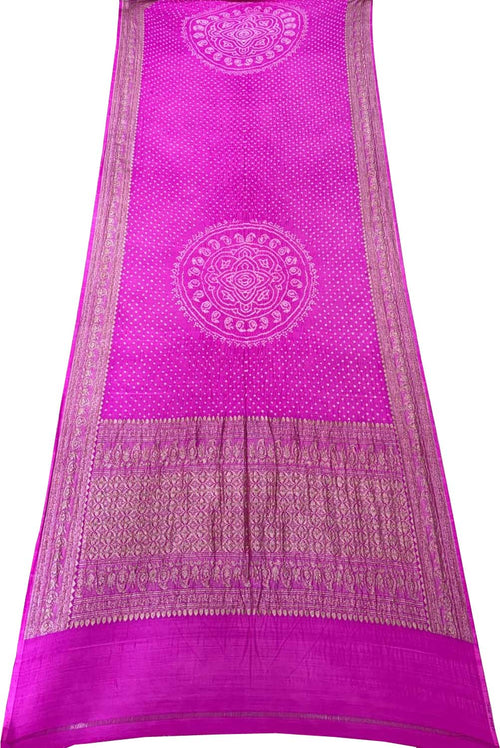 Exquisite Pink Pure Banarasi Moonga Silk With Hand Rai Bandhej Work Saree - Luxurion World