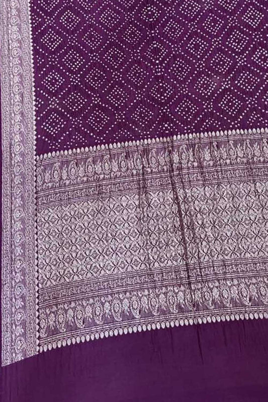 Purple Pure Banarasi Moonga Silk With Hand Rai Bandhej Work Saree - Luxurion World