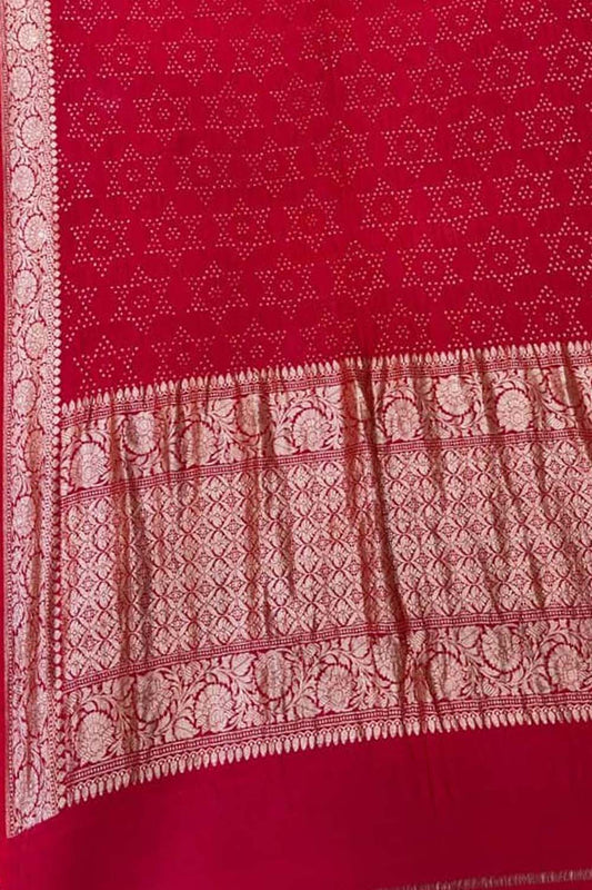 Red Pure Banarasi Moonga Silk With Hand Rai Bandhej Work Saree - Luxurion World