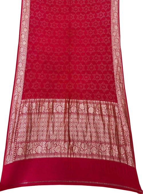 Red Pure Banarasi Moonga Silk With Hand Rai Bandhej Work Saree - Luxurion World