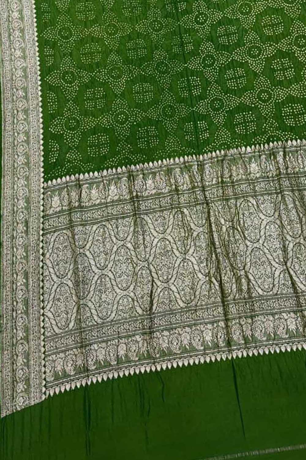 Green Pure Banarasi Moonga Silk With Hand Rai Bandhej Work Saree - Luxurion World