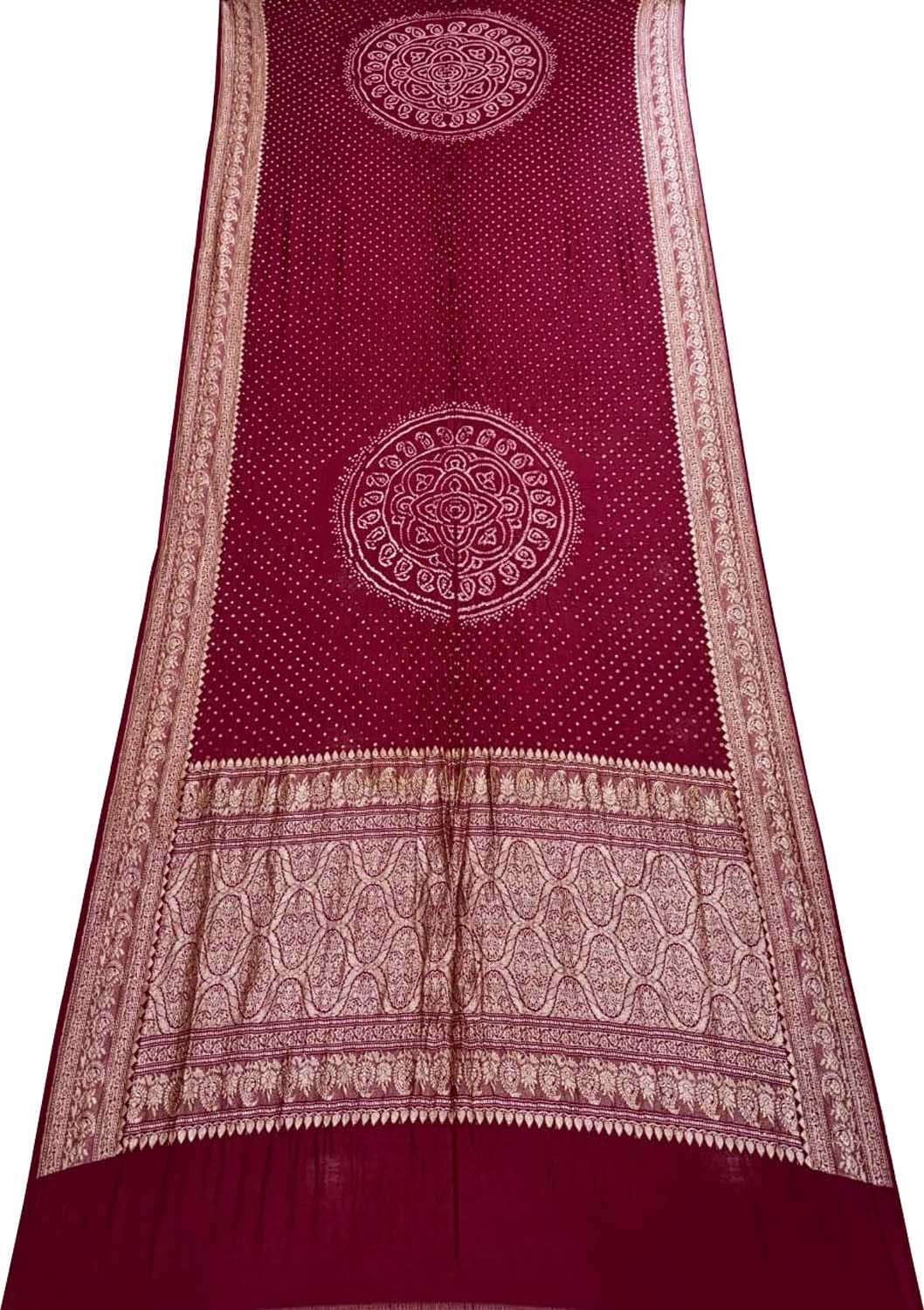 Red Pure Banarasi Moonga Silk With Hand Rai Bandhej Work Saree - Luxurion World