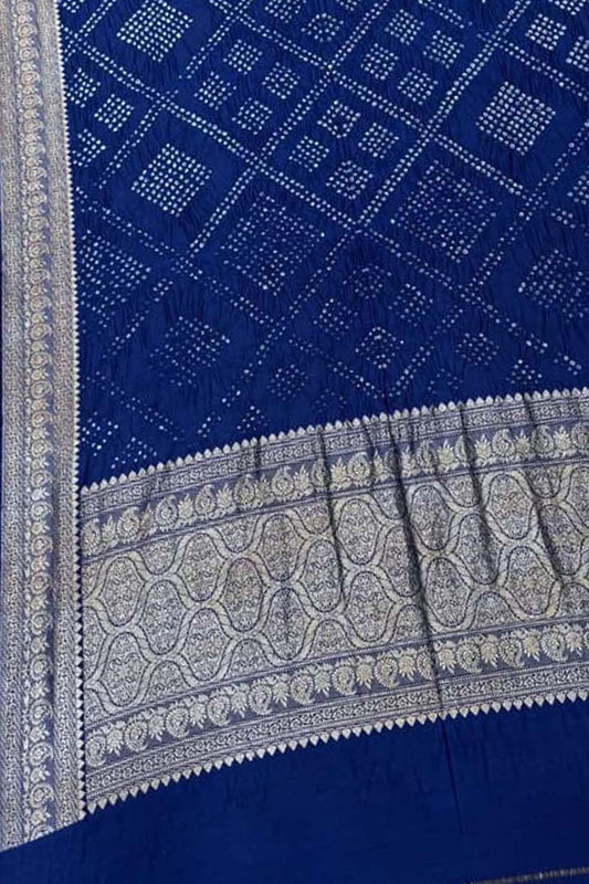 Elegant Blue Pure Banarasi Moonga Silk With Hand Rai Bandhej Work Saree - Luxurion World