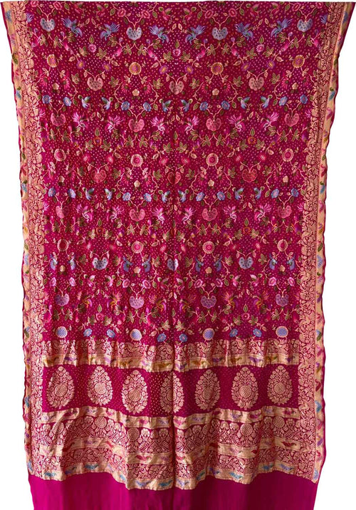 Stunning Pink Pure Georgette Banarasi Bandhani Meenakari With Rai Bandhej Work Saree - Luxurion World