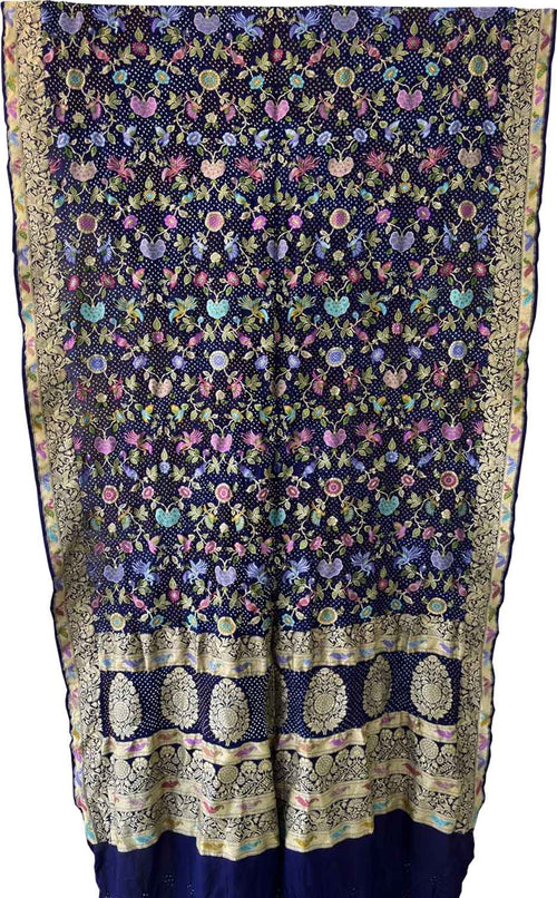 Blue Pure Georgette Banarasi Bandhani Meenakari With Rai Bandhej Work Saree - Luxurion World