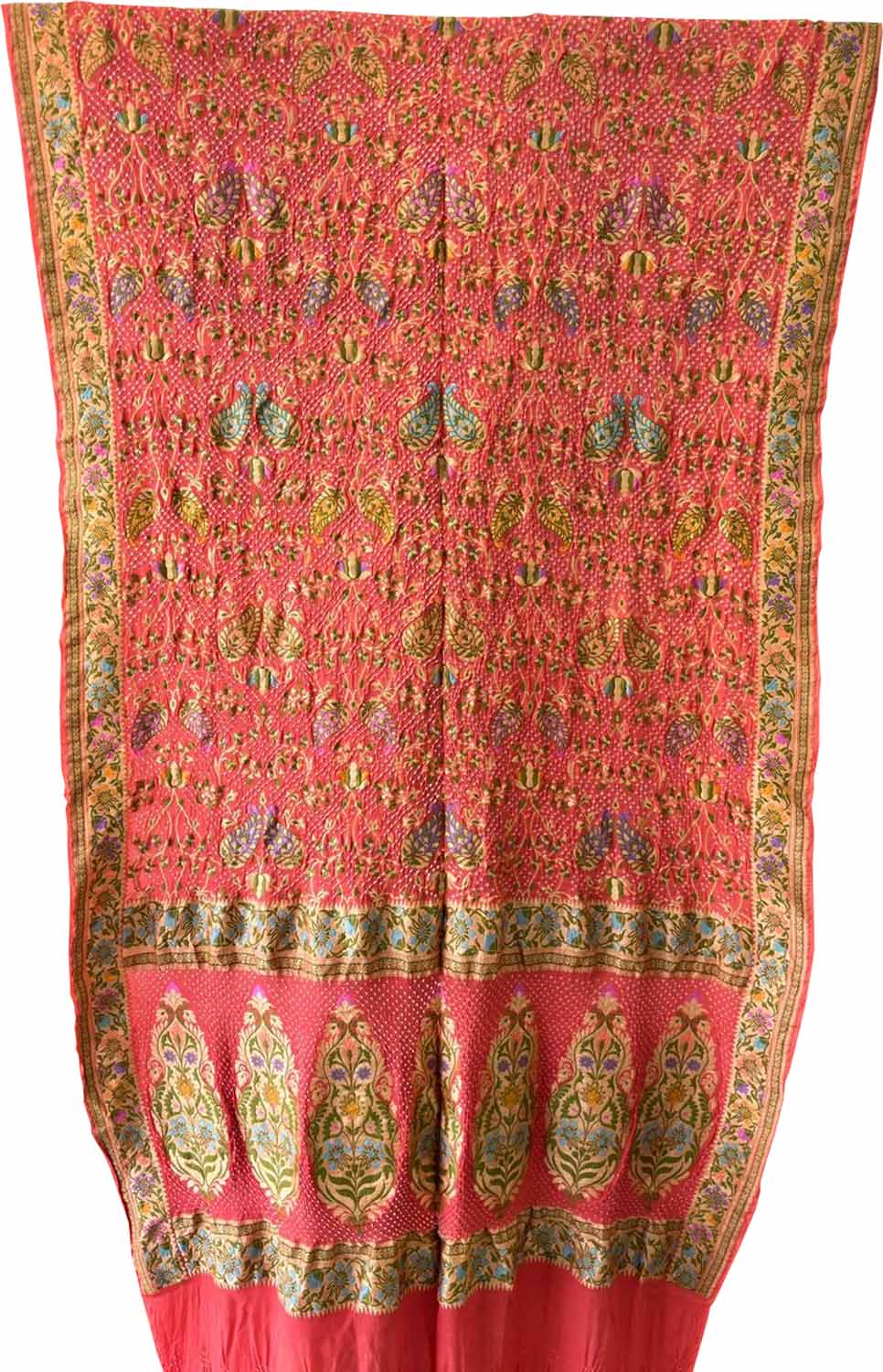 Elegant Peach Pure Georgette Banarasi Bandhani Meenakari With Rai Bandhej Work Saree - Luxurion World