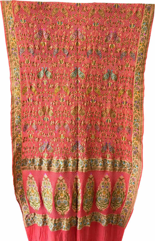 Elegant Peach Pure Georgette Banarasi Bandhani Meenakari With Rai Bandhej Work Saree - Luxurion World