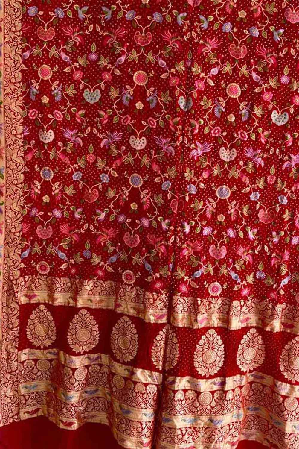 Red Pure Georgette Banarasi Bandhani Meenakari With Rai Bandhej Work Saree - Luxurion World