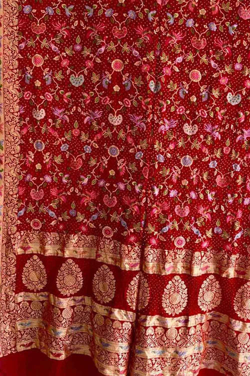 Red Pure Georgette Banarasi Bandhani Meenakari With Rai Bandhej Work Saree - Luxurion World