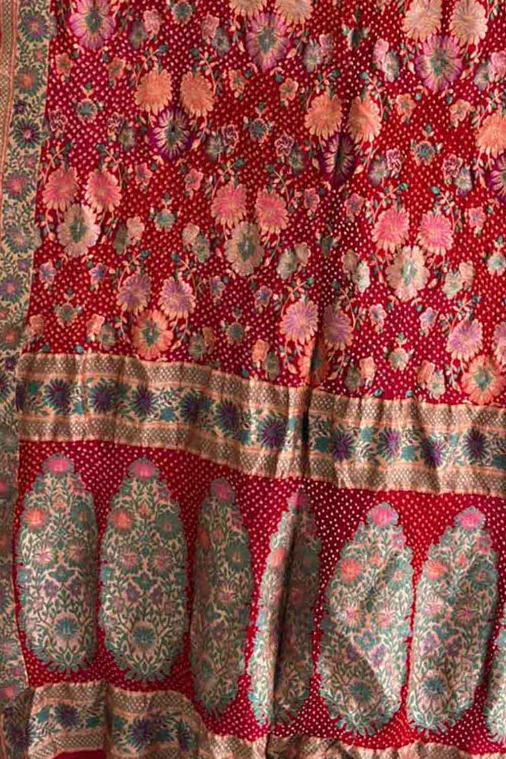 Red Pure Georgette Banarasi Bandhani Meenakari With Rai Bandhej Work Saree - Luxurion World
