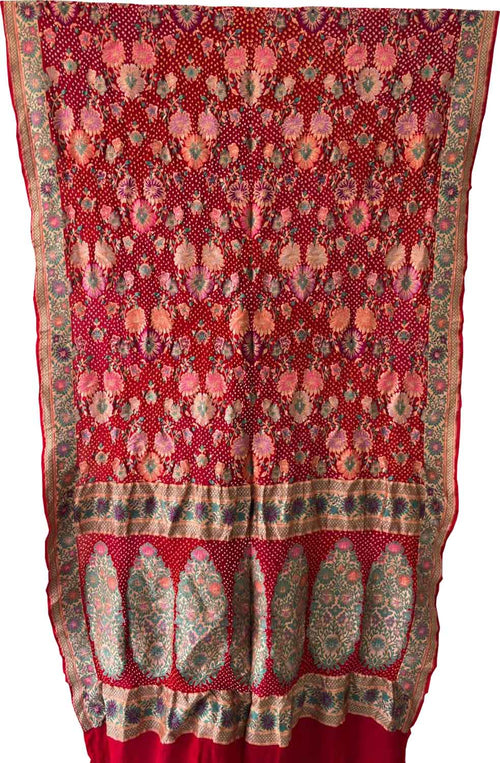 Red Pure Georgette Banarasi Bandhani Meenakari With Rai Bandhej Work Saree - Luxurion World