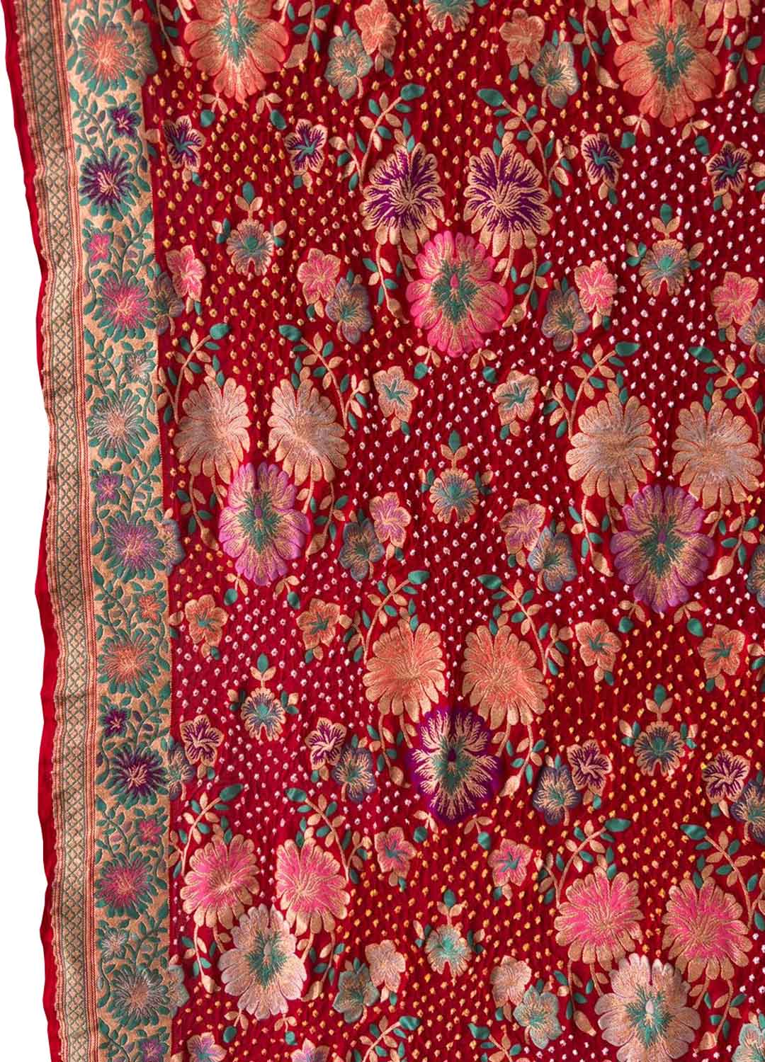 Red Pure Georgette Banarasi Bandhani Meenakari With Rai Bandhej Work Saree - Luxurion World