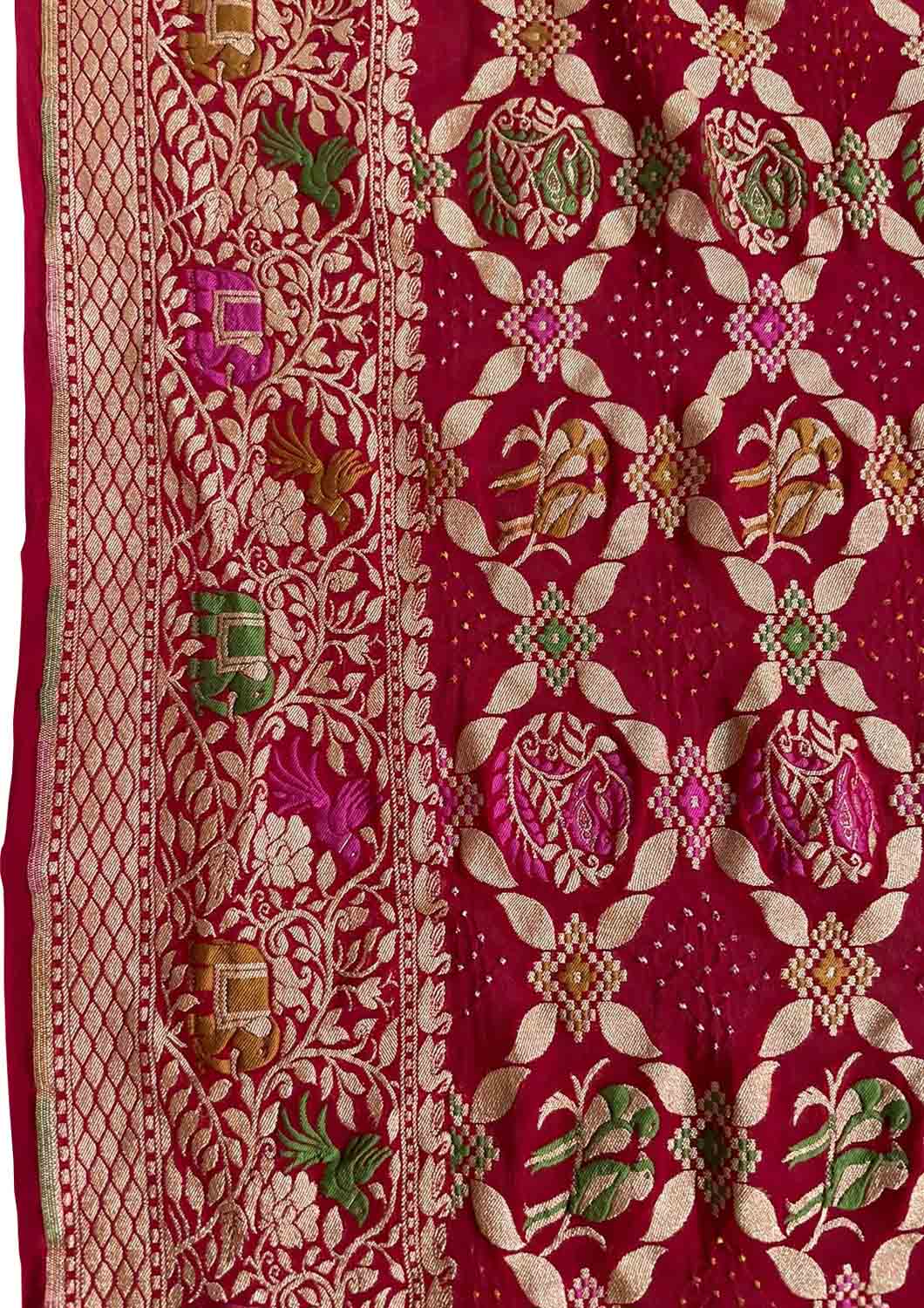 Red Banarasi Bandhani Pure Georgette Saree - Luxurion World