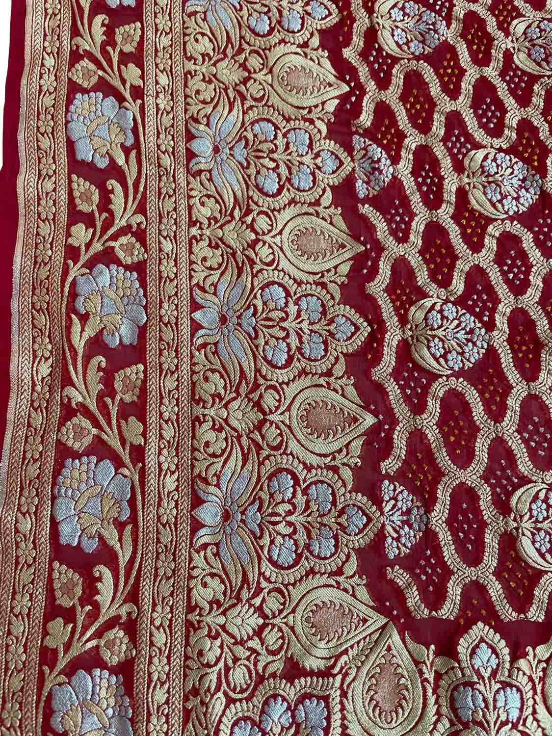 Red Banarasi Bandhani Pure Georgette Saree - Luxurion World