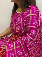 Stunning Pink And Red Checks Bandhani Pure Gajji Silk Gharchola Saree - Luxurion World