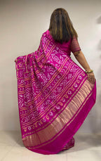 Stunning Pink And Red Checks Bandhani Pure Gajji Silk Gharchola Saree - Luxurion World