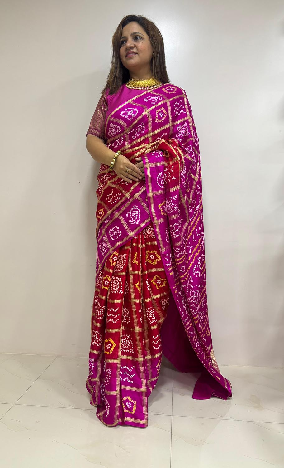 Stunning Pink And Red Checks Bandhani Pure Gajji Silk Gharchola Saree - Luxurion World
