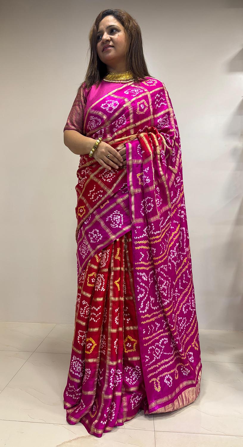 Stunning Pink And Red Checks Bandhani Pure Gajji Silk Gharchola Saree - Luxurion World