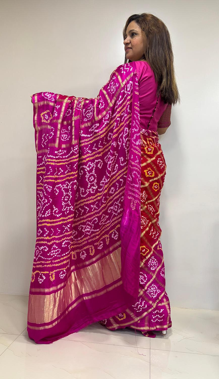Stunning Pink And Red Checks Bandhani Pure Gajji Silk Gharchola Saree - Luxurion World