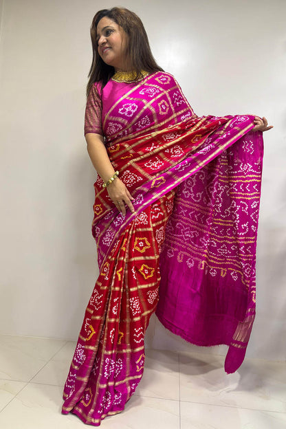 Stunning Pink And Red Checks Bandhani Pure Gajji Silk Gharchola Saree - Luxurion World