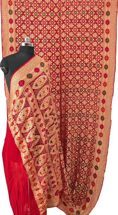 Red Banarasi Bandhani Georgette Meenakari Saree - Luxurion World