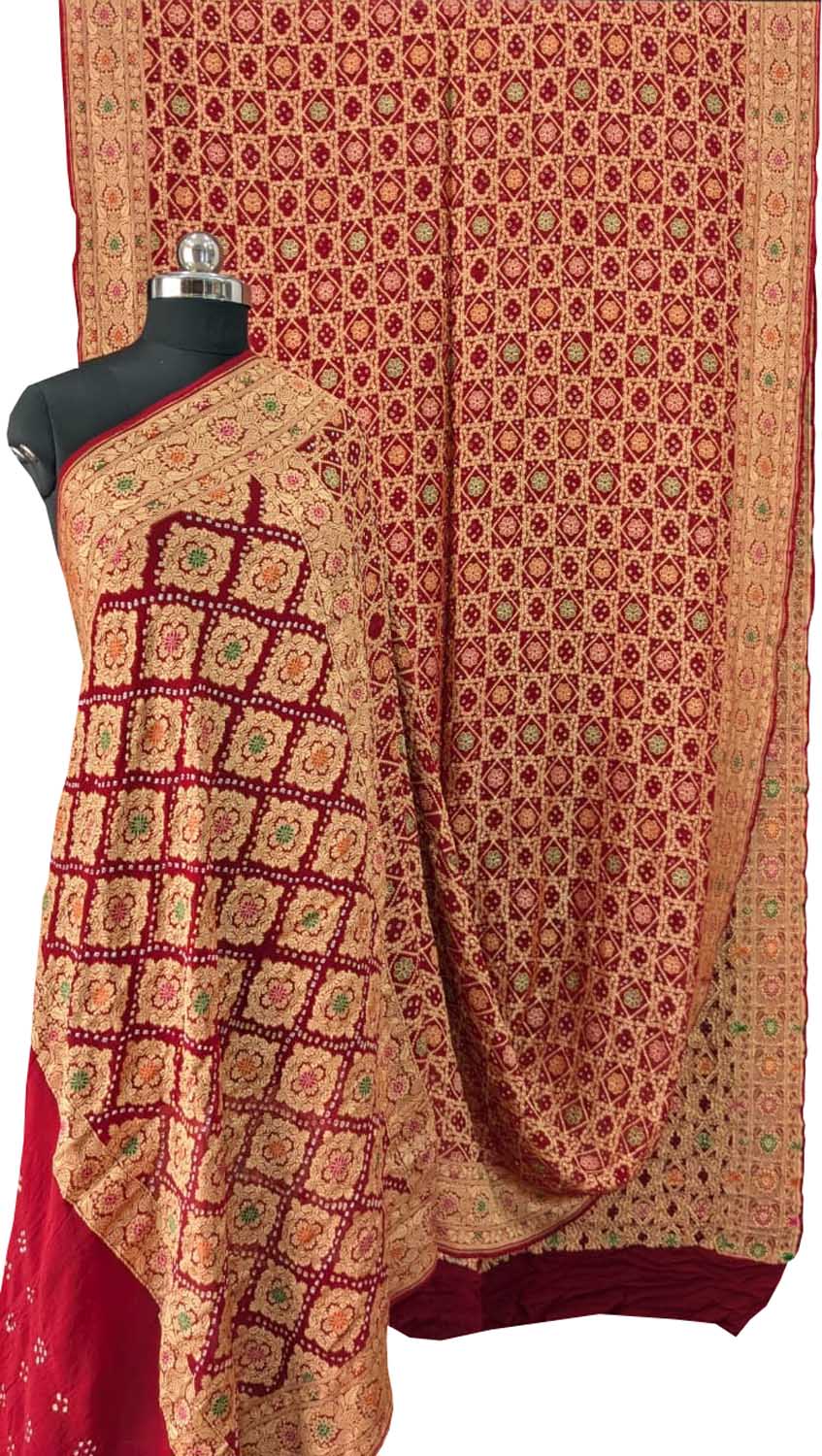 Elegant Red Bandhani Georgette Meenakari Saree - Luxurion World
