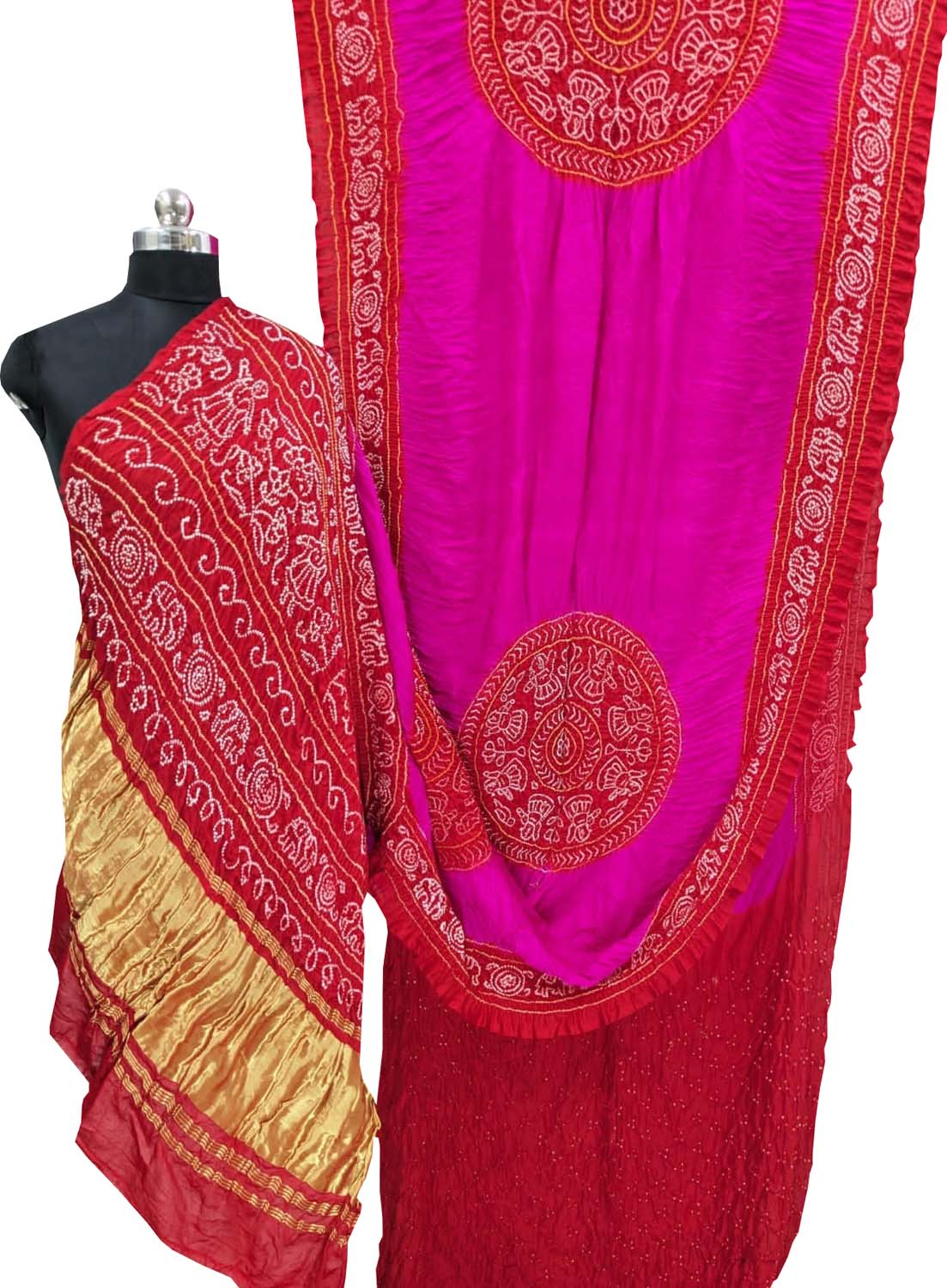 Vibrant Red & Pink Bandhani Gajji Silk Saree - Luxurion World