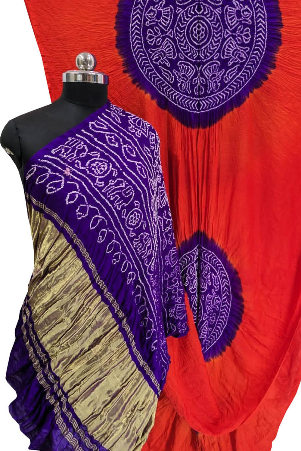 Vibrant Bandhani Gajji Silk Saree in Purple and Red - Luxurion World