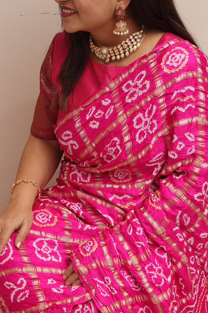 Beautiful Pink Bandhani Pure Gajji Silk Saree - Luxurion World