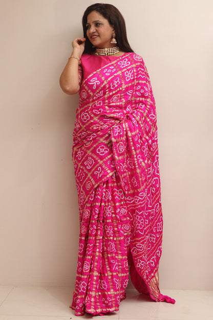 Beautiful Pink Bandhani Pure Gajji Silk Saree - Luxurion World
