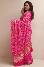 Beautiful Pink Bandhani Pure Gajji Silk Gharchola Saree - Luxurion World