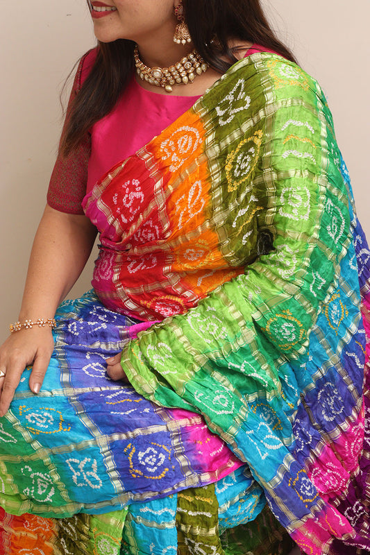 Multicolor Bandhani Pure Gajji Silk Gharchola Saree - Luxurion World