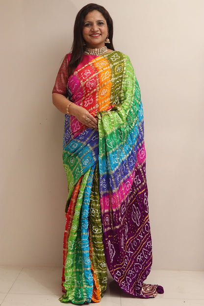 Multicolor Bandhani Pure Gajji Silk Gharchola Saree - Luxurion World