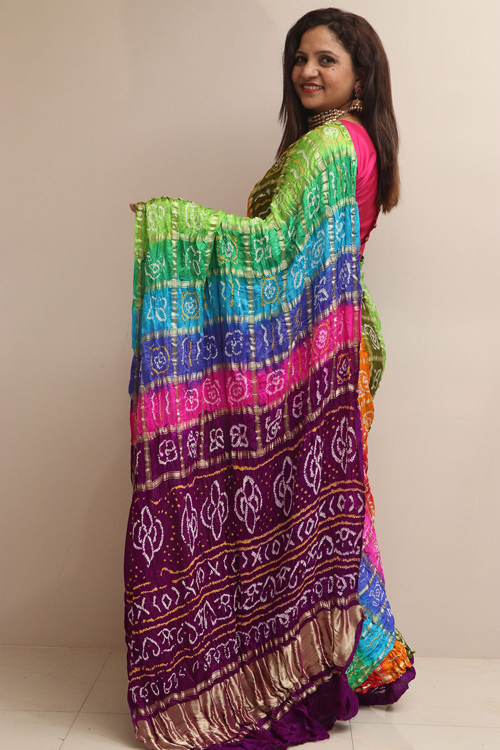 Multicolor Bandhani Pure Gajji Silk Gharchola Saree - Luxurion World