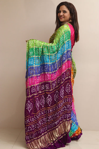 Multicolor Bandhani Pure Gajji Silk Gharchola Saree - Luxurion World
