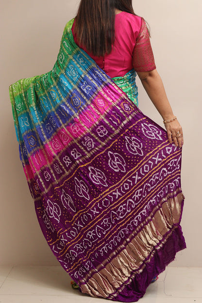 Multicolor Bandhani Pure Gajji Silk Gharchola Saree - Luxurion World