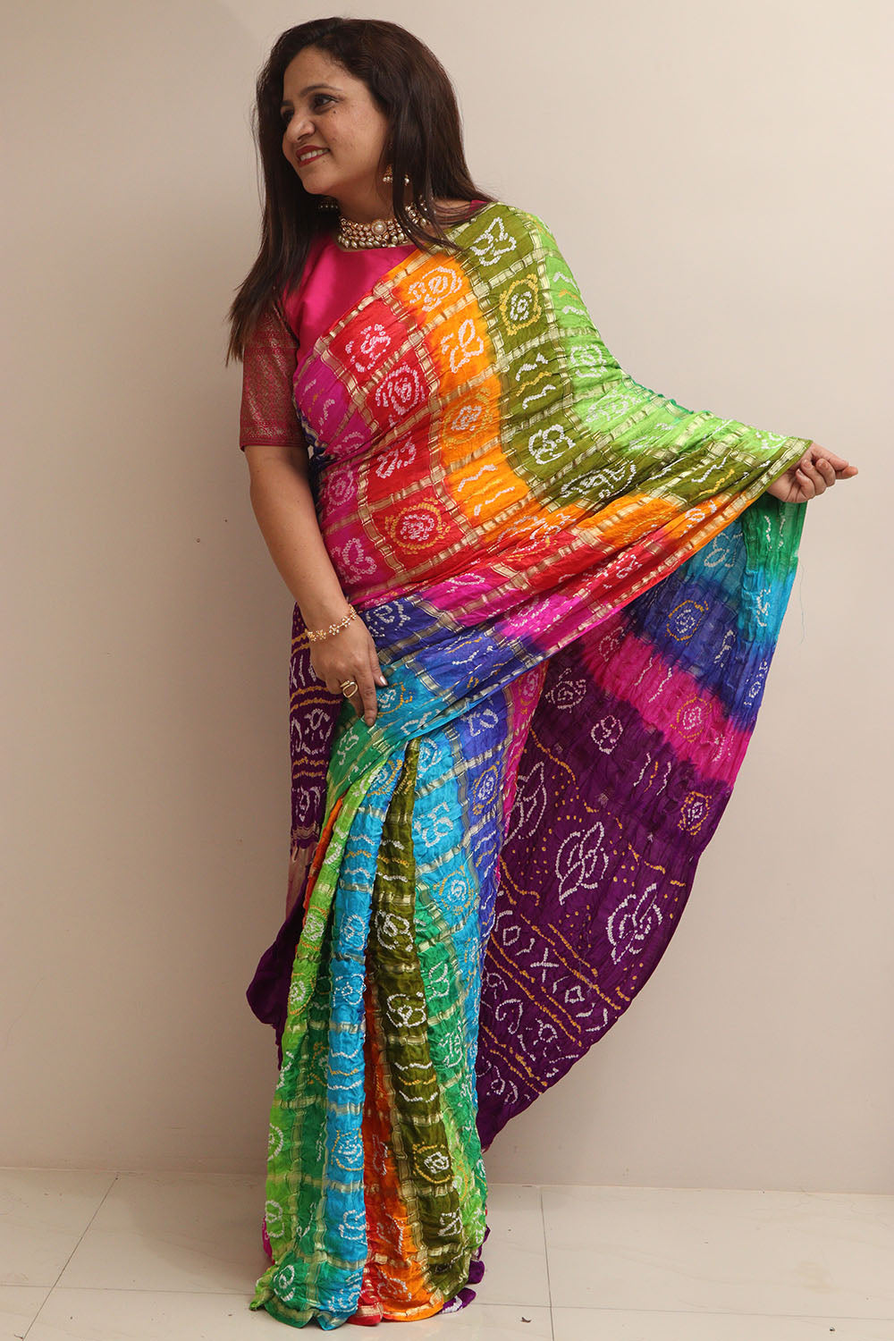 Multicolor Bandhani Pure Gajji Silk Gharchola Saree - Luxurion World