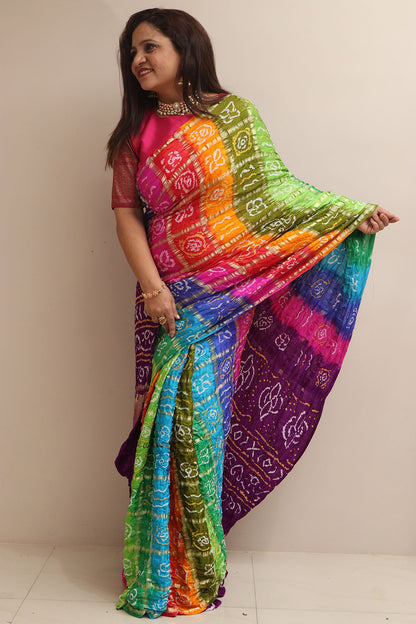 Multicolor Bandhani Pure Gajji Silk Gharchola Saree - Luxurion World