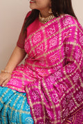 Stunning Pink & Blue Bandhani Pure Gajji Silk Gharchola Saree - Luxurion World