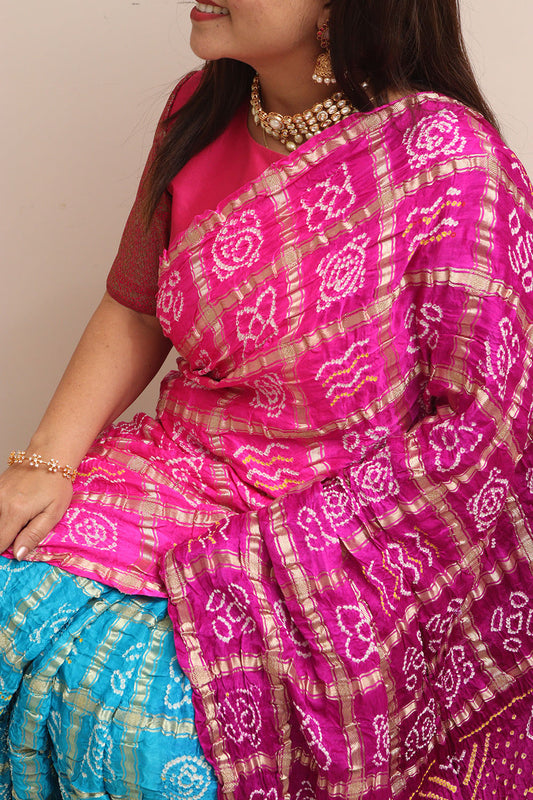Stunning Pink & Blue Bandhani Pure Gajji Silk Saree - Luxurion World