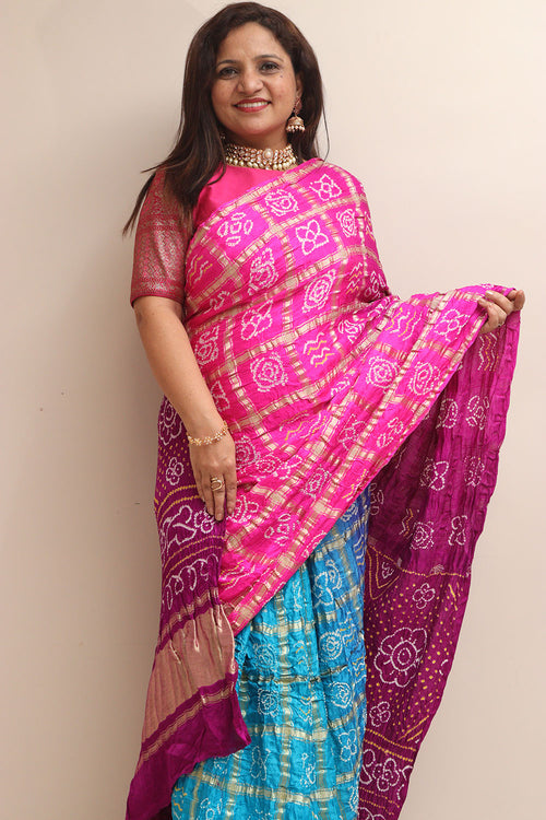 Stunning Pink & Blue Bandhani Pure Gajji Silk Gharchola Saree - Luxurion World