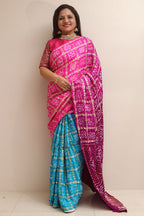 Stunning Pink & Blue Bandhani Pure Gajji Silk Gharchola Saree - Luxurion World