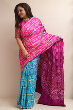Stunning Pink & Blue Bandhani Pure Gajji Silk Gharchola Saree - Luxurion World