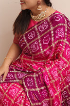 Vibrant Pink & Purple Bandhani Pure Gajji Silk Gharchola Saree - Luxurion World