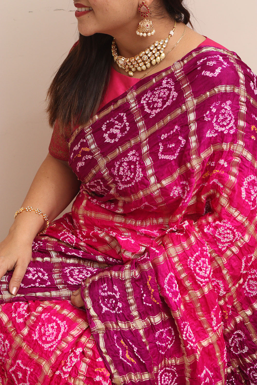 Vibrant Pink & Purple Bandhani Pure Gajji Silk Saree - Luxurion World
