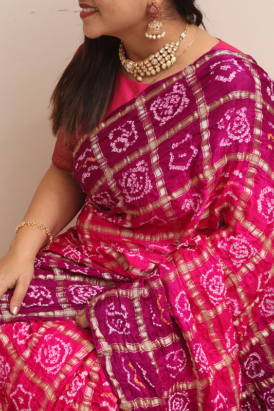 Vibrant Pink & Purple Bandhani Pure Gajji Silk Saree - Luxurion World
