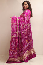Vibrant Pink & Purple Bandhani Pure Gajji Silk Gharchola Saree - Luxurion World