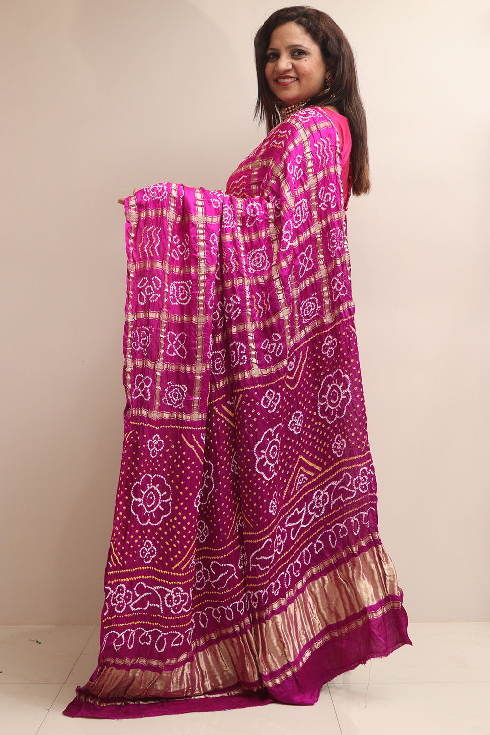 Vibrant Pink & Purple Bandhani Pure Gajji Silk Saree - Luxurion World